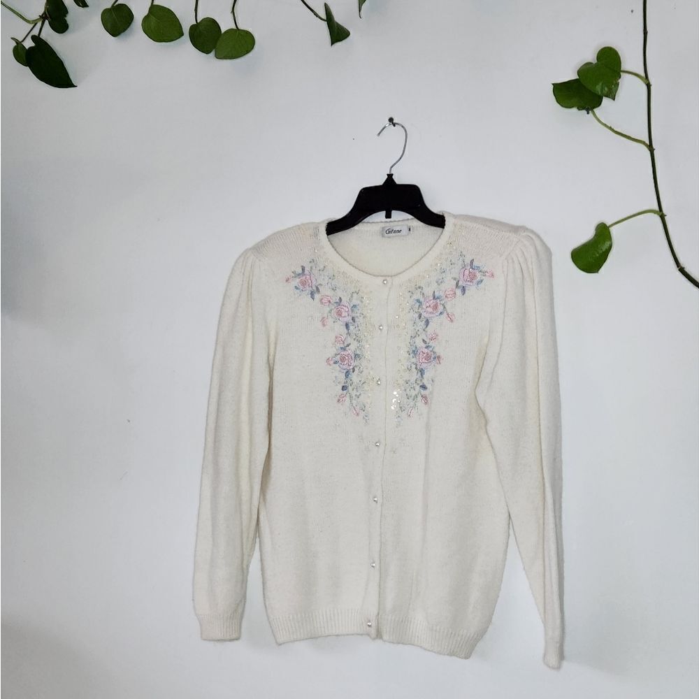 Cottagecore Soft Angora Puff Sleeve Floral Embroidery Cardigan Sweater Grandma